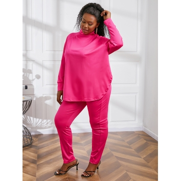 

LW BASICS Plus Size Half A Turtleneck Loose Pants Set, Rose red