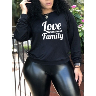 

LW Round Neck Letter Print Hoodie, Black