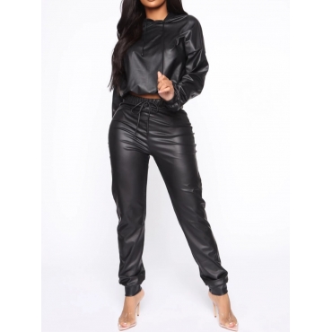 

LW Hooded Collar Drawstring Leather Pants Set, Black