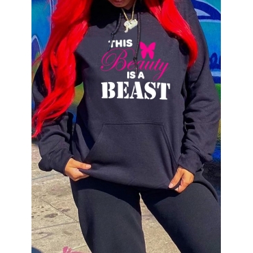 

LW BASICS Plus Size Butterfly Letter Print Hoodie, Black