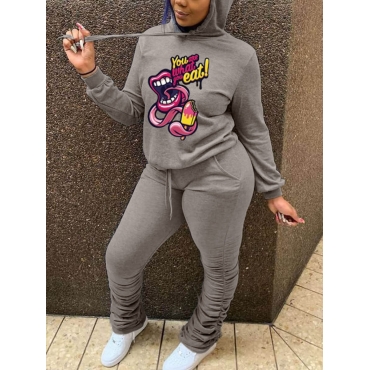 

LW Hooded Collar Lip Print Tracksuit Set, Grey