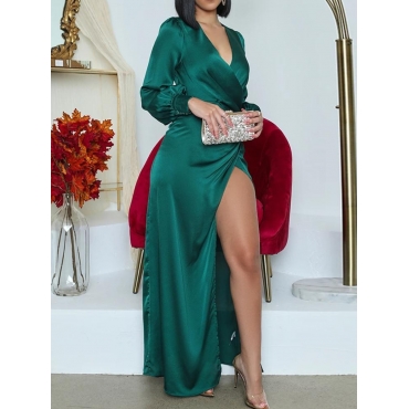

LW V Neck Wrap Split Prom Dress, Green