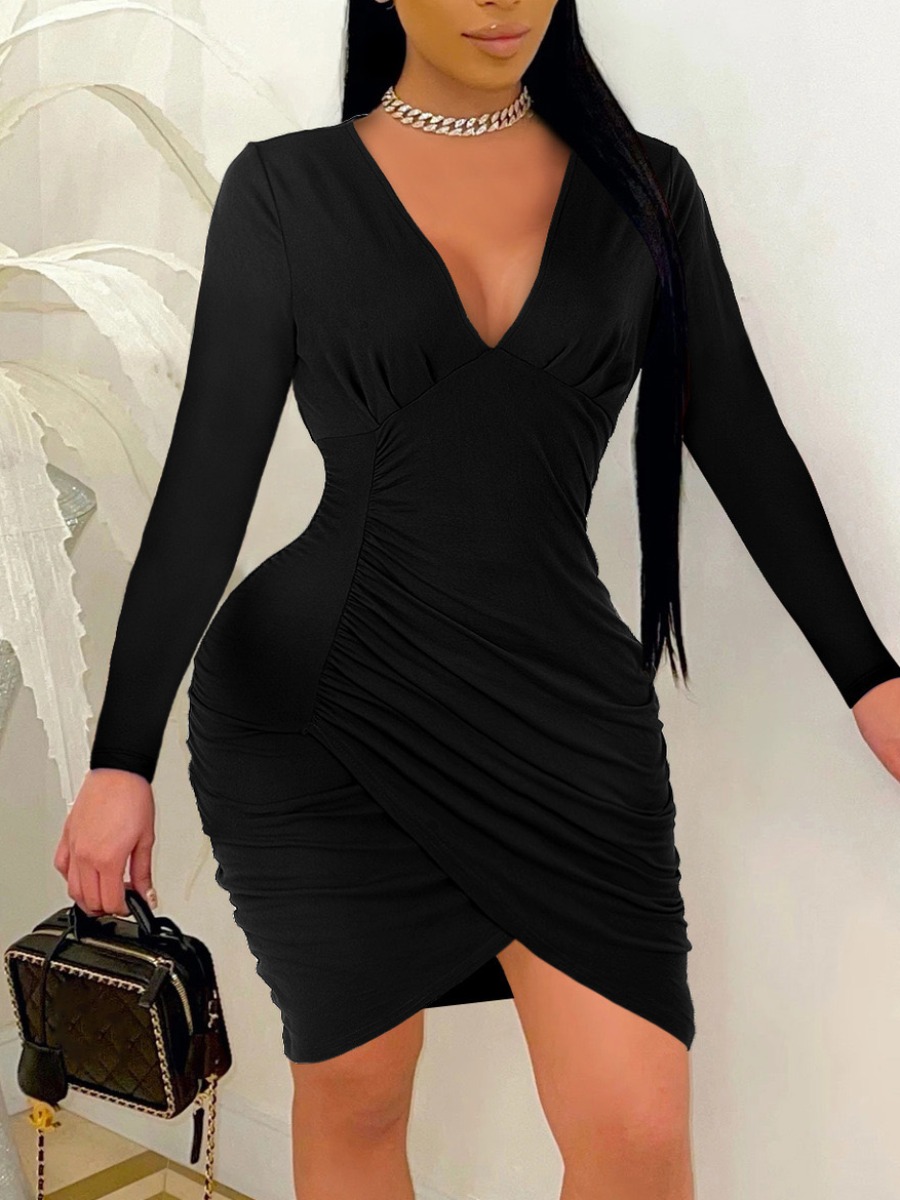

LW V Neck Fold Design Bodycon Dress, Black