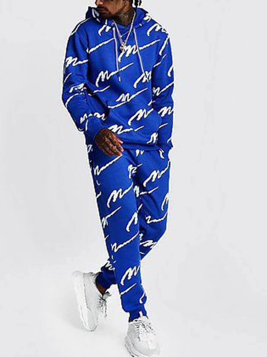 

LW Men Hooded Collar Letter Print Pants Set, Blue
