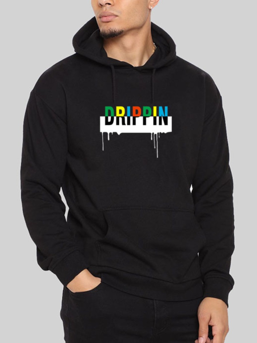 

LW Men Hooded Collar Letter Print Hoodie, Black