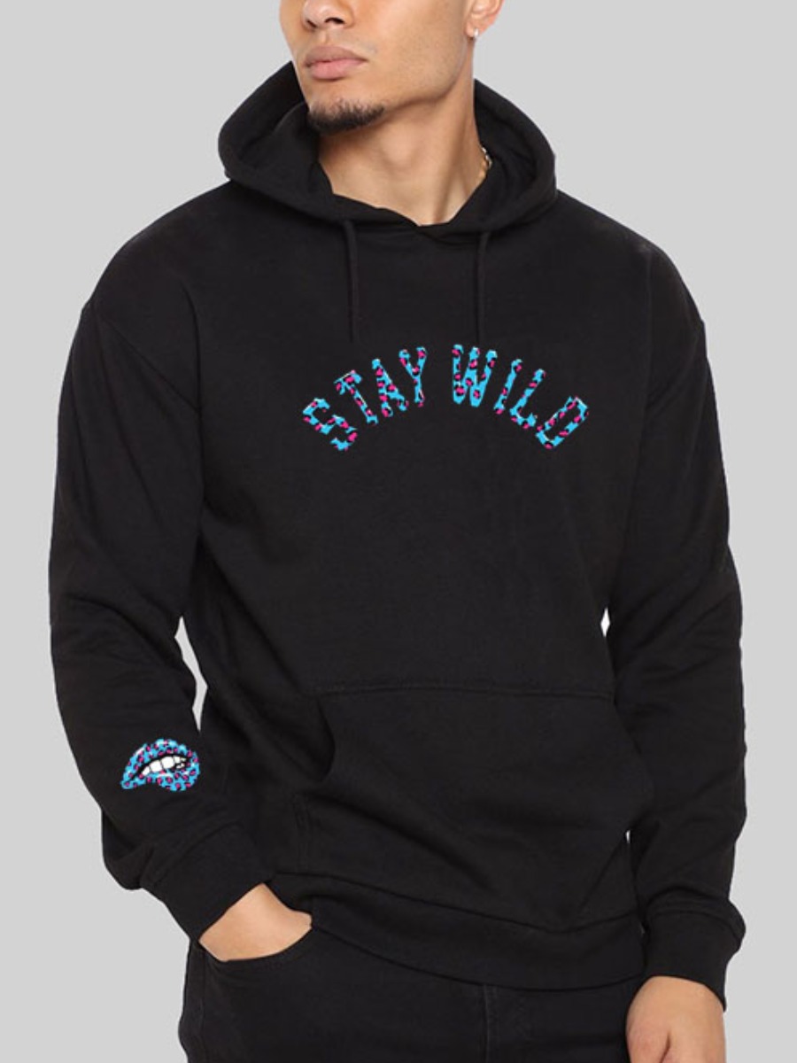 

LW Men Hooded Collar Letter Print Hoodie, Black