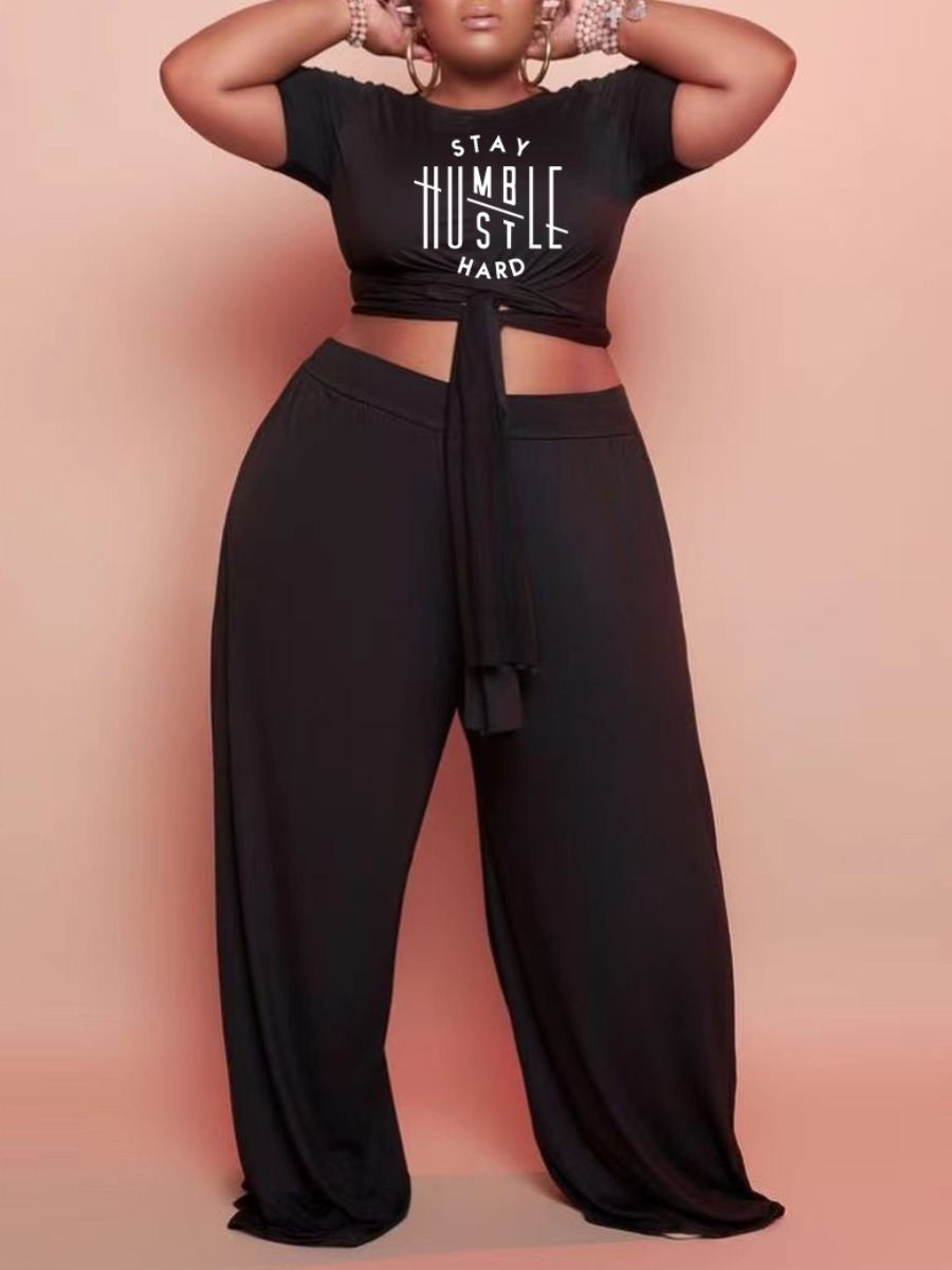 

LW Plus Size Letter Print Wide Leg Pants Set, Black