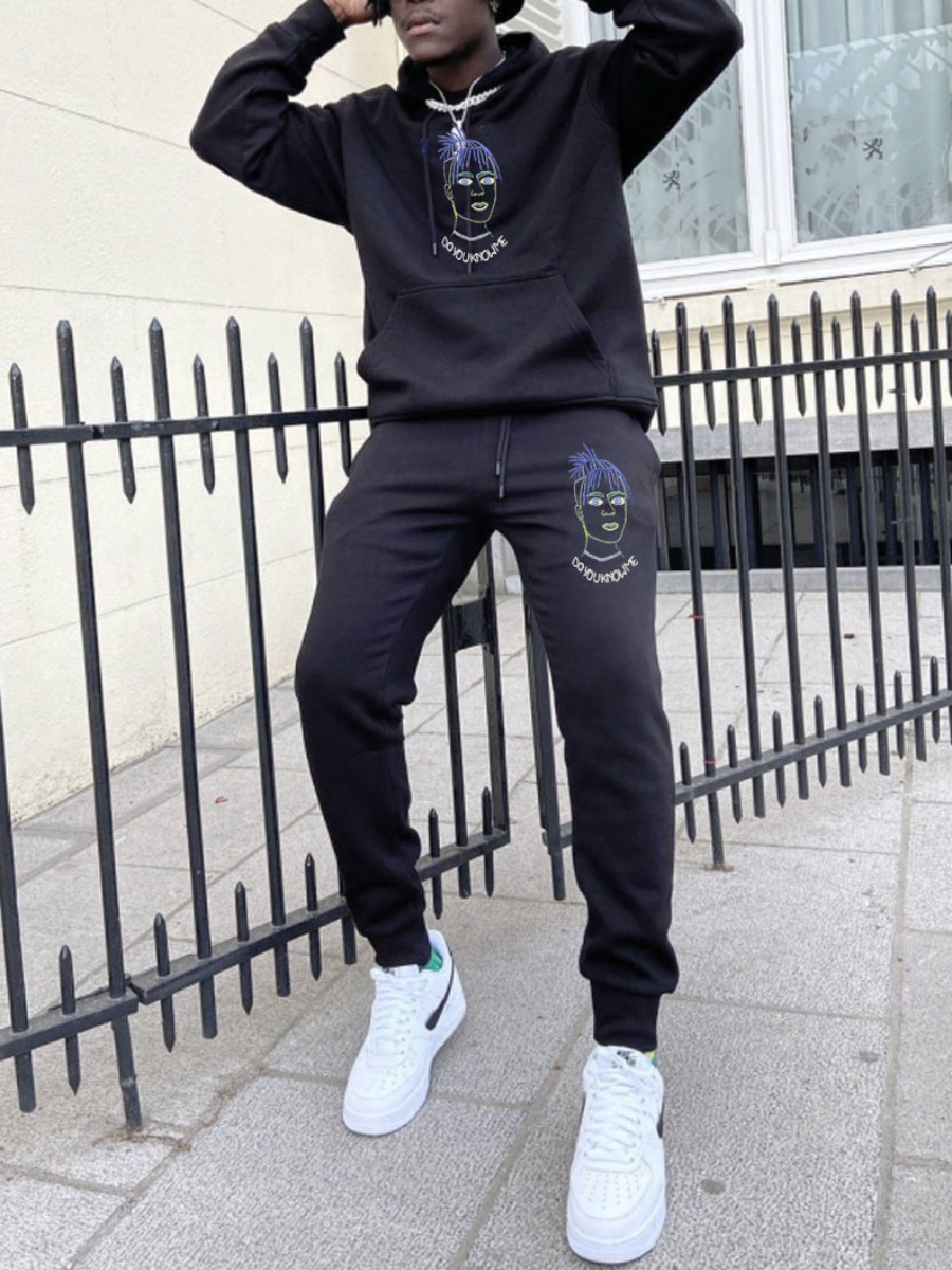 

LW Men Figure Letter Print Pants Set, Black