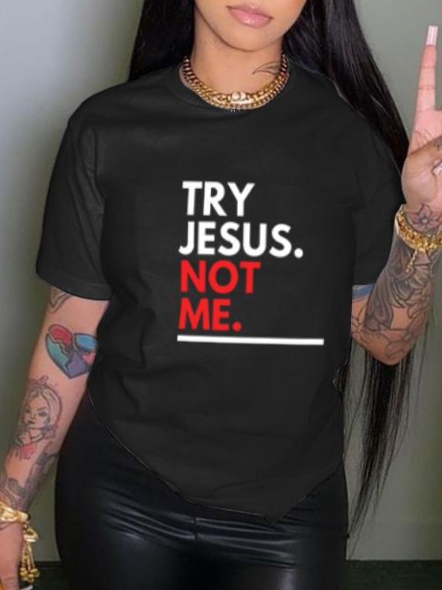 LovelyWholesale Round Neck Letter Print T-shirt Summer Short Sleeve Casual Basic Round Neck Spring Summer 2024