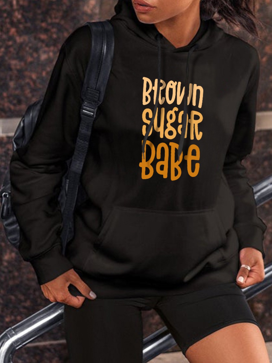 

LW Plus Size Hooded Collar Letter Print Hoodie, Black