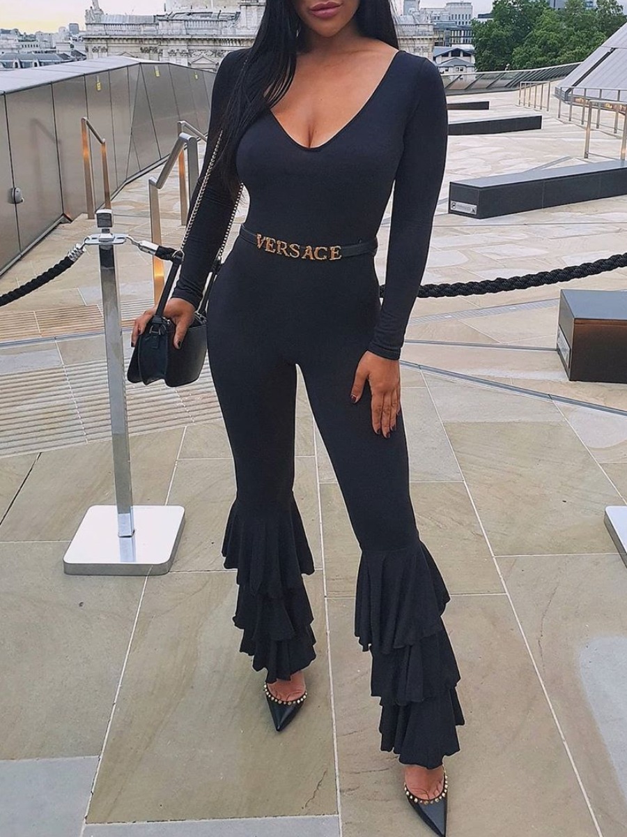 

Lovely Layered Cascading Flounce Design Jumpsuit, Black