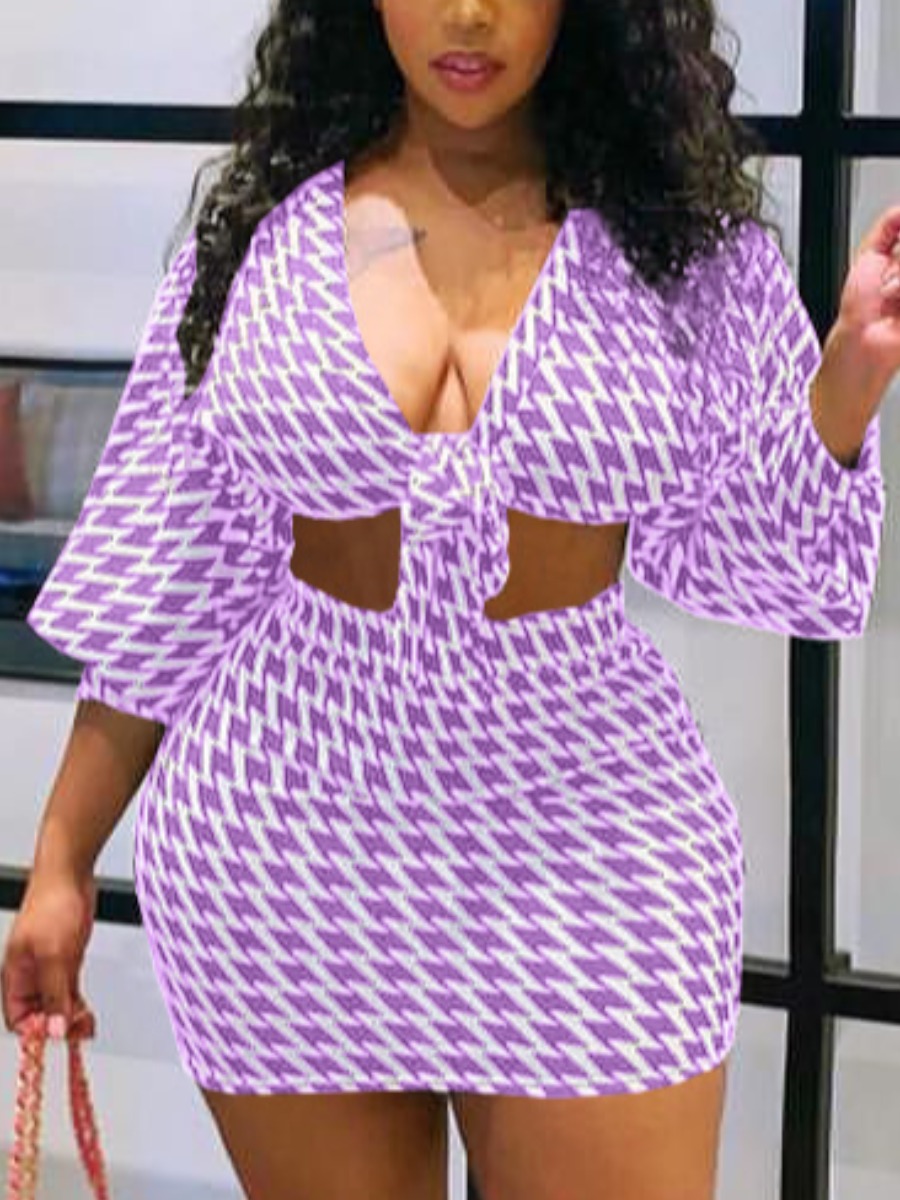 

LW Plus Size Hound Stooth Bandage Design Skirt Set, Purple