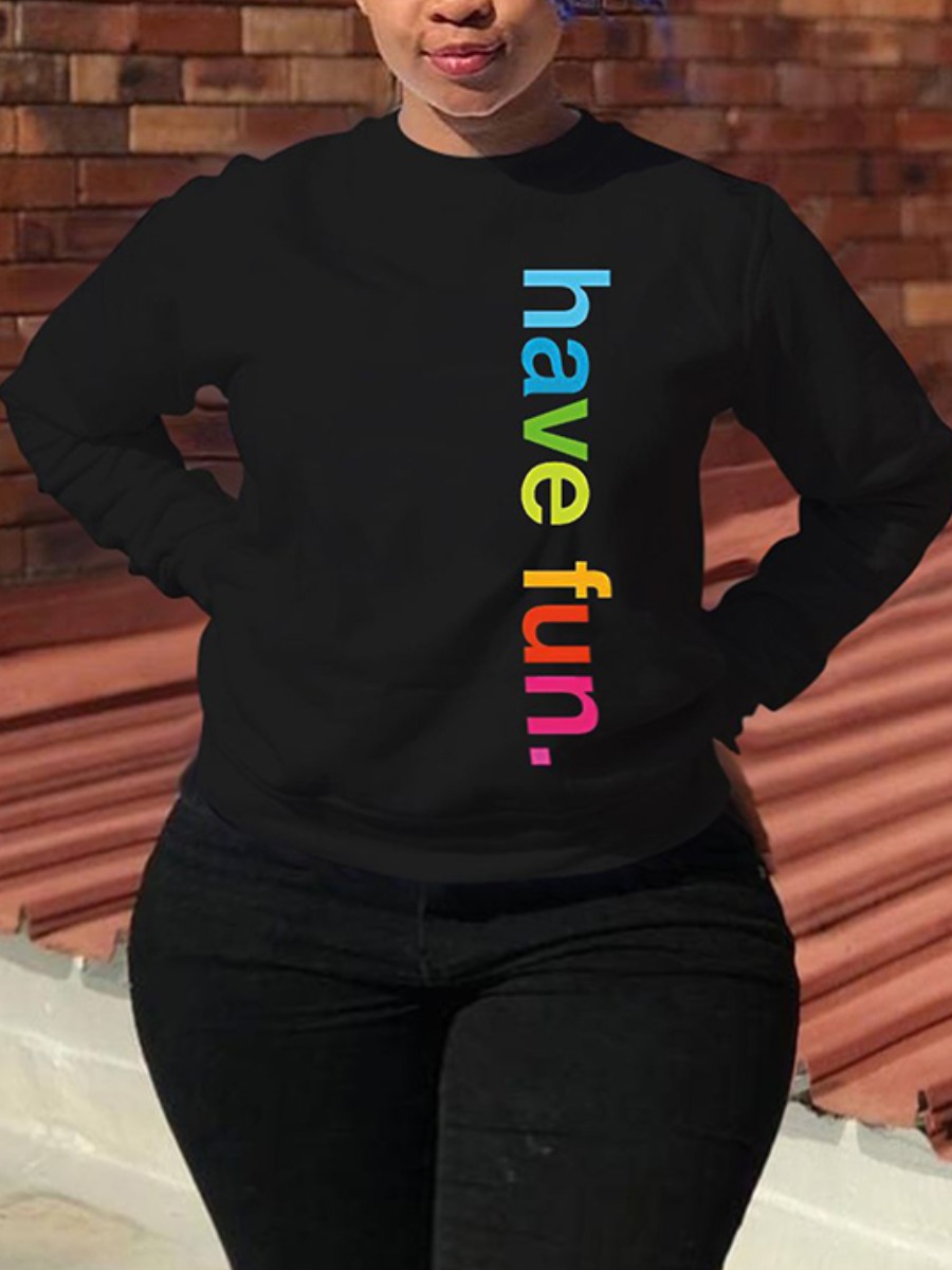 

LW Plus Size Round Neck Letter Print Hoodie, Black