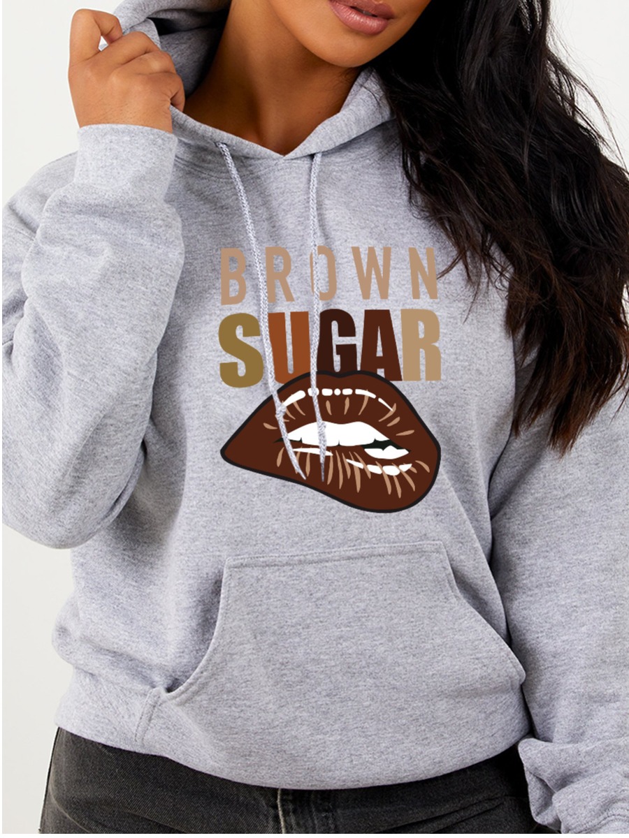 

LW Plus Size Lip Letter Print Oversized Hoodie, Grey