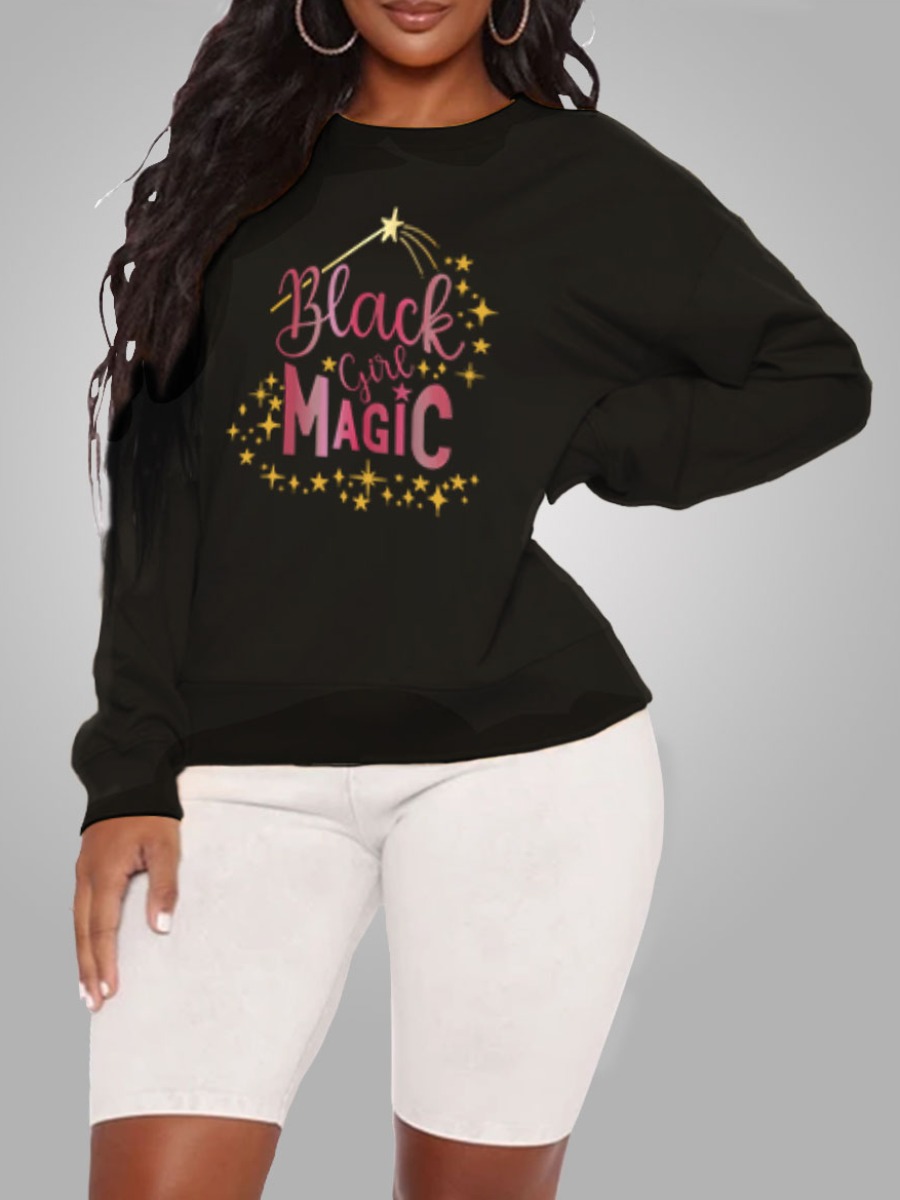 

LW Plus Size Star Letter Print Hoodie, Black