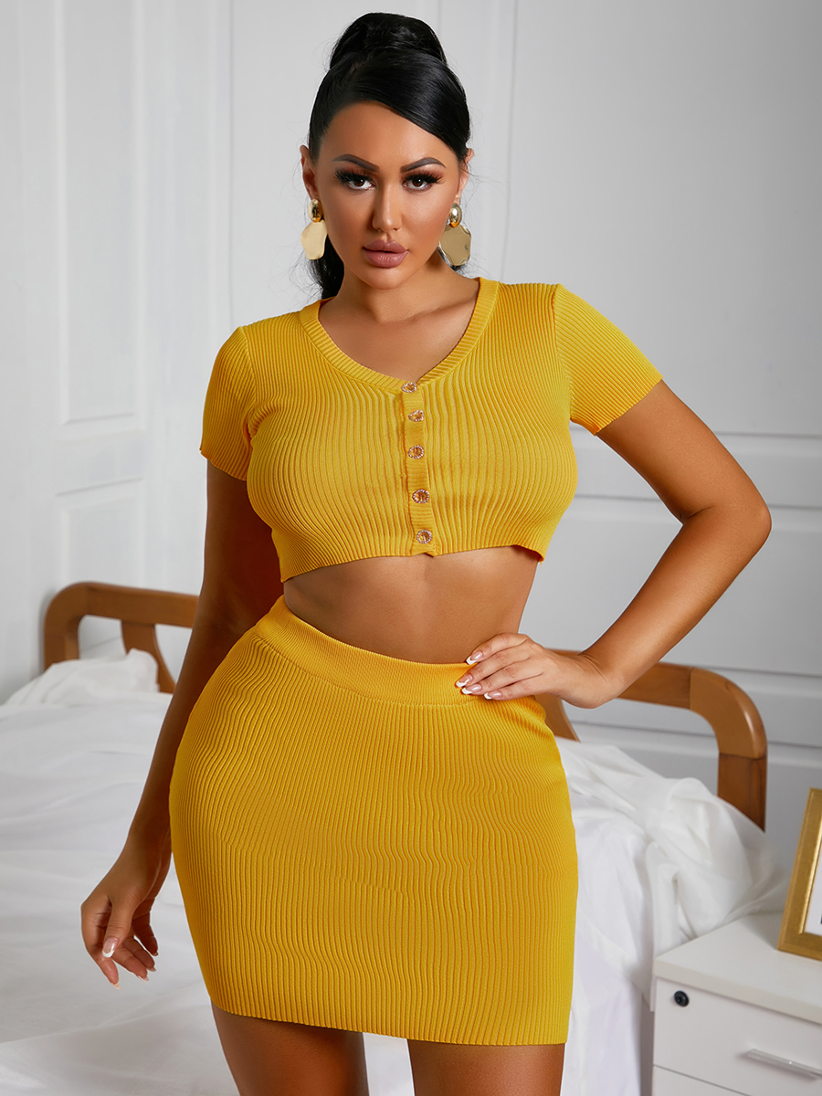 

LW Rib-Knit Crop Top Skirt Set, Yellow