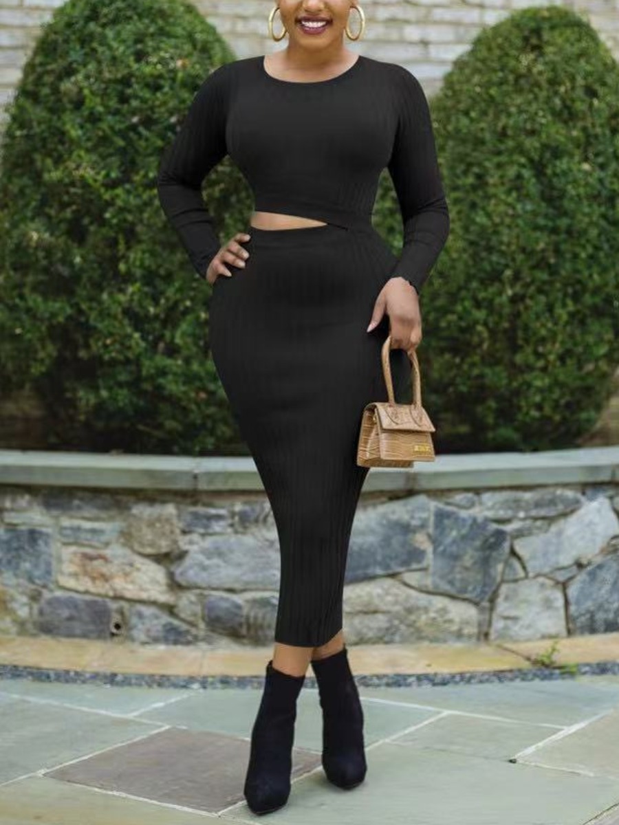 

LW Round Neck Hollow-out Bodycon Dress, Black