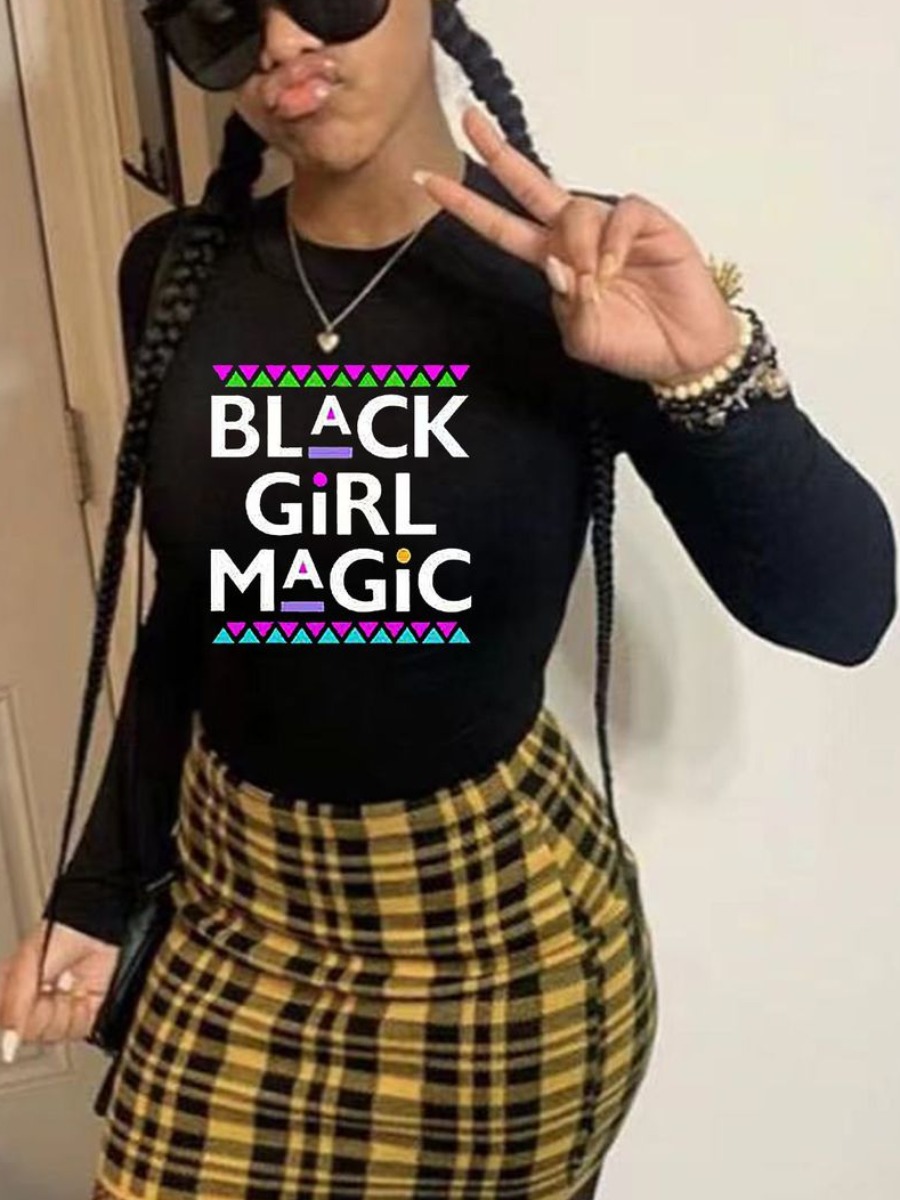 

LW Geometric Letter Print T-shirt, Black