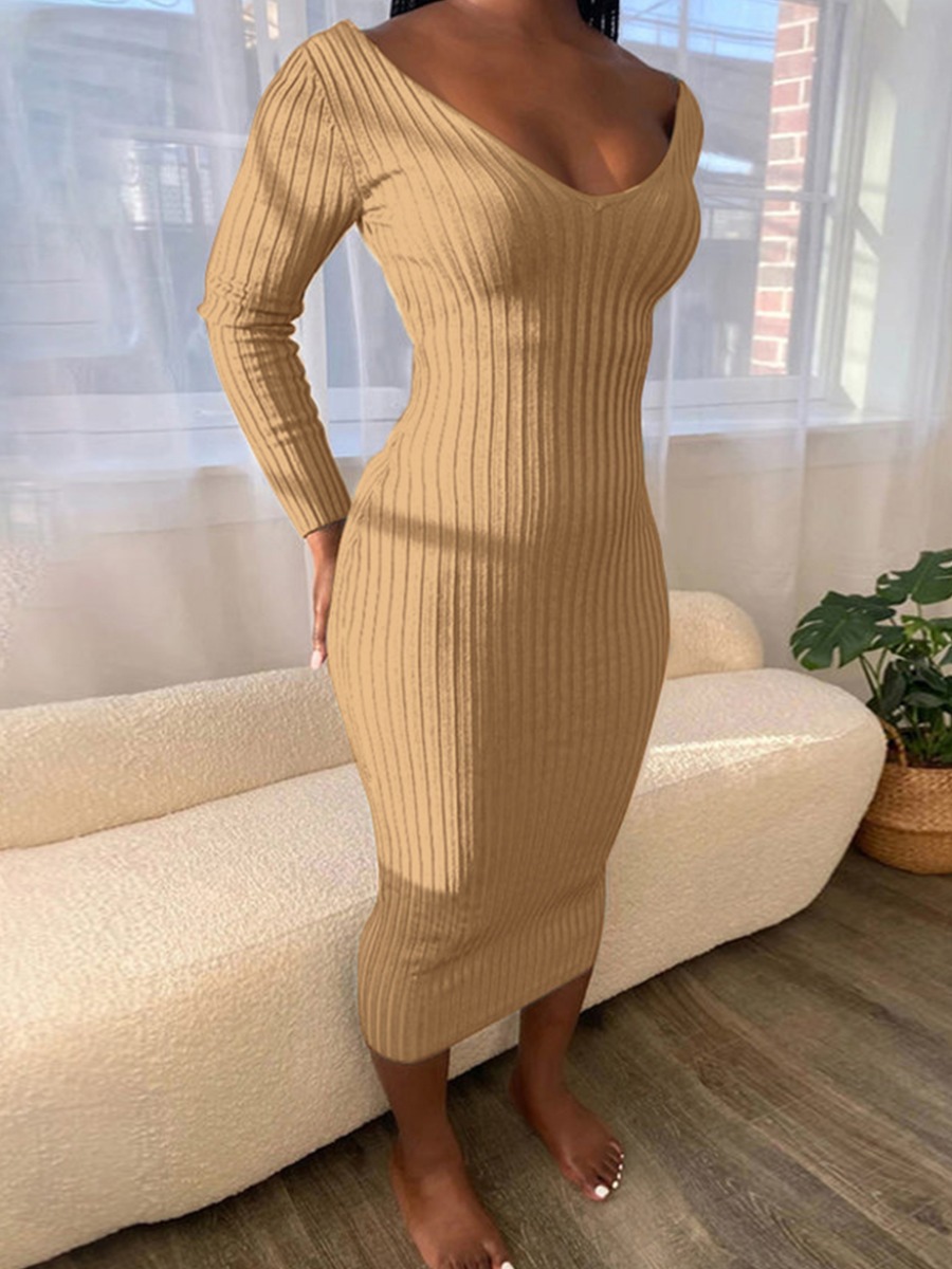 

Lovely V Neck Rib-Knit Bodycon Dress, Apricot