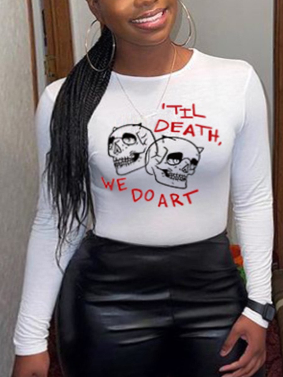 

LW COTTON Plus Size Skull Head Letter Print T-shirt, White