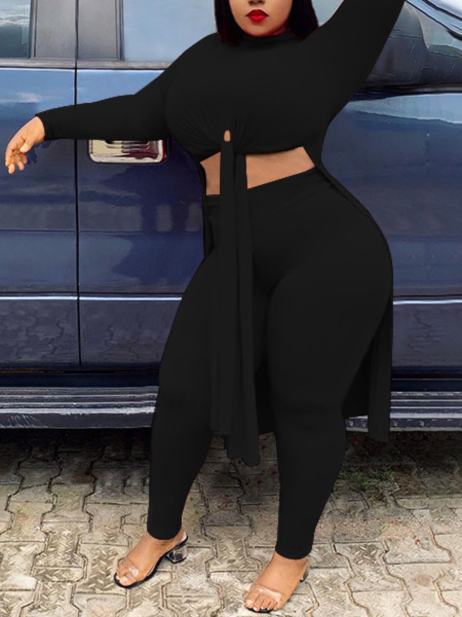 

LW Plus Size High-waisted High Split Pants Set, Black