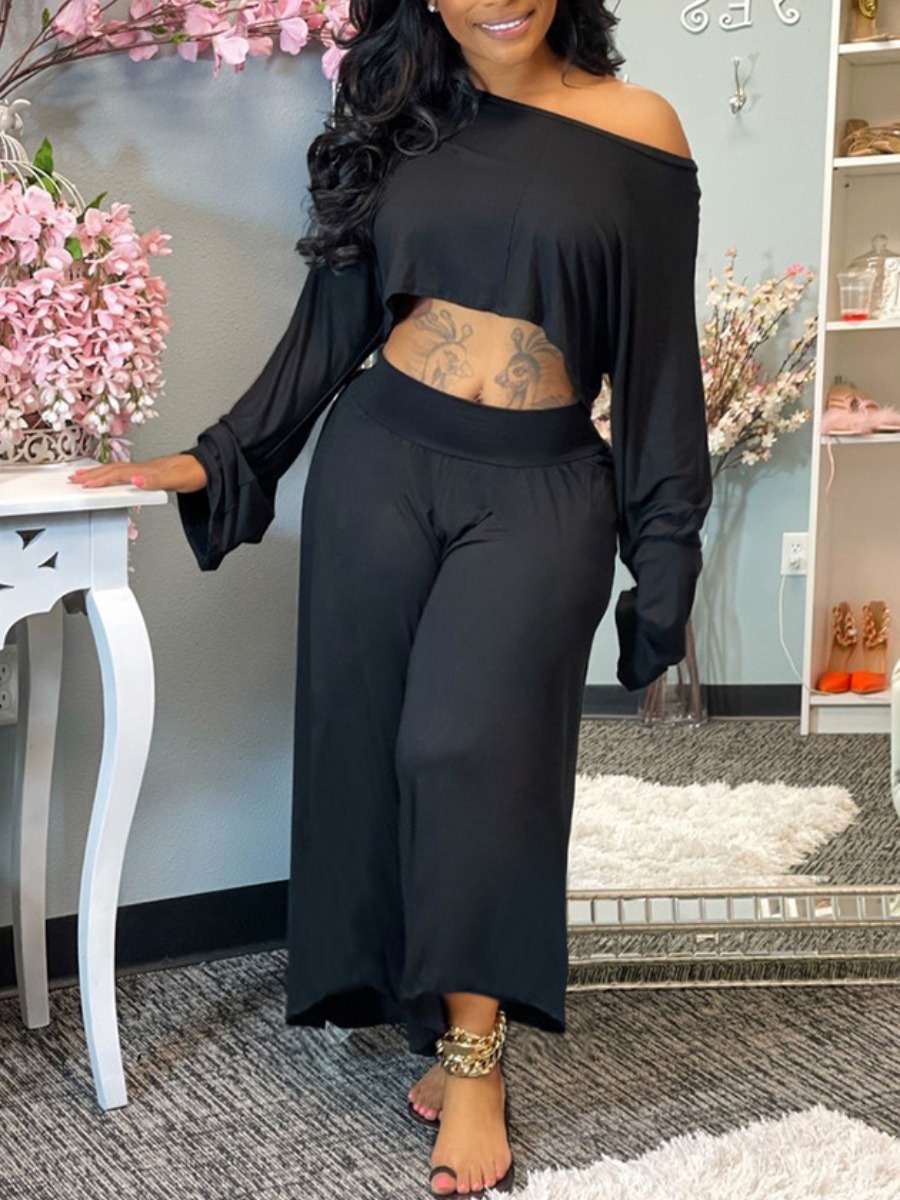 

LW BASICS Wide Leg Crop Top Pants Set, Black