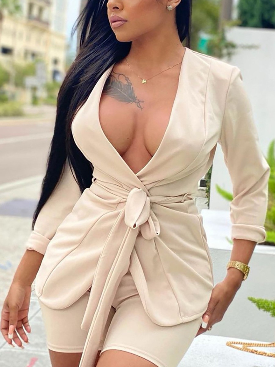 

LW SXY Turndown Collar Bandage Design Blazer Short Set, Apricot