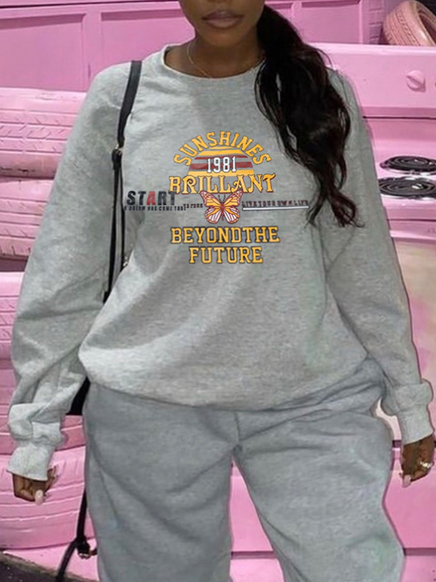 

LW Plus Size Butterfly Letter Print Hoodies, Grey