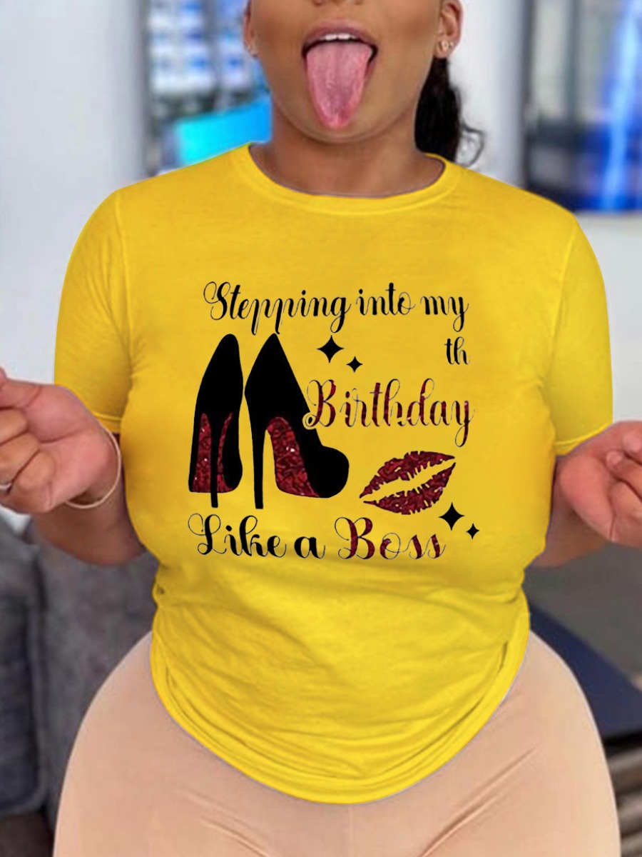 

LW Plus Size Shoe Lip Letter T-shirt, Yellow