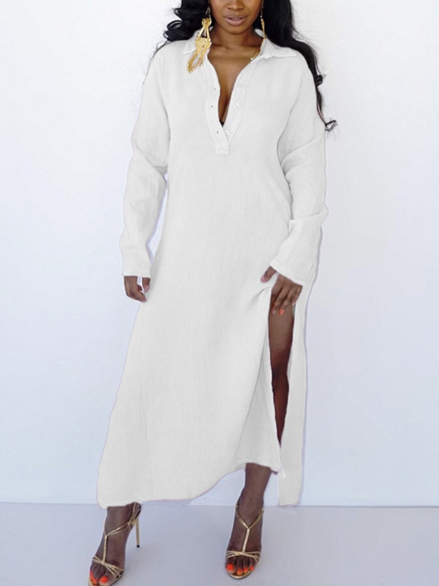 

LW Turndown Collar Slit Dress, White