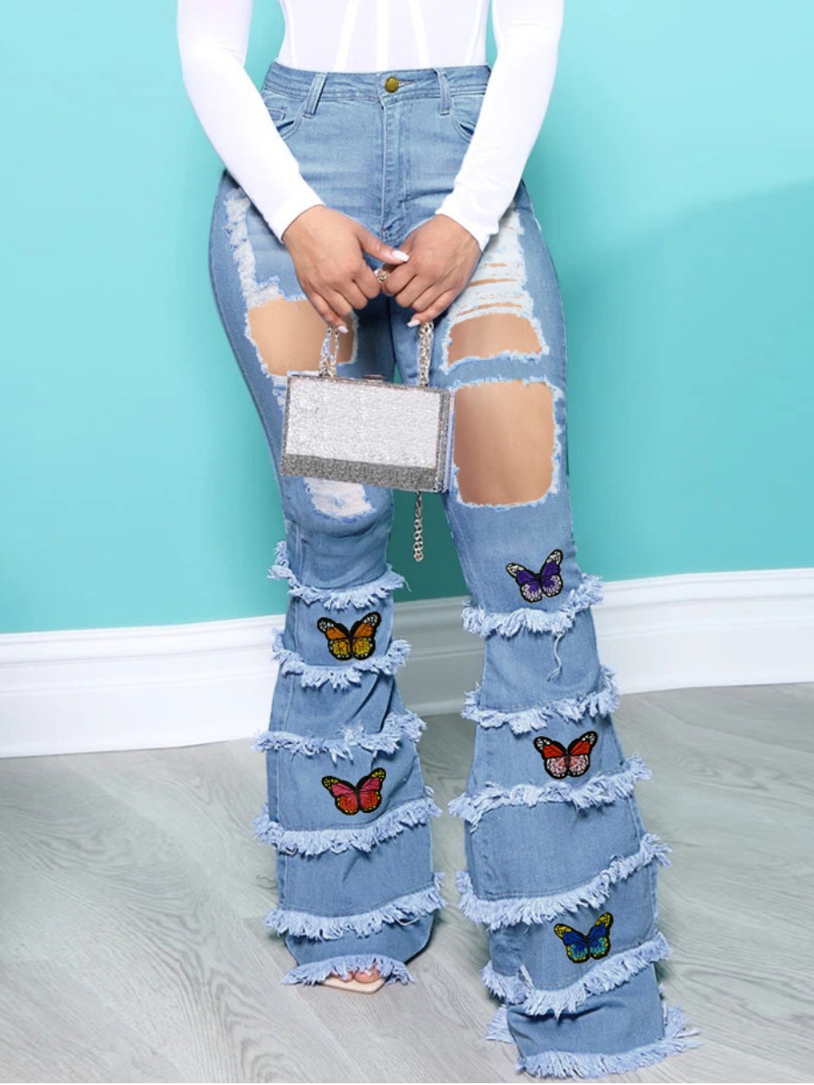 

LW Stretchy Butterfly Print Ripped Raw Edge Jeans, Baby blue