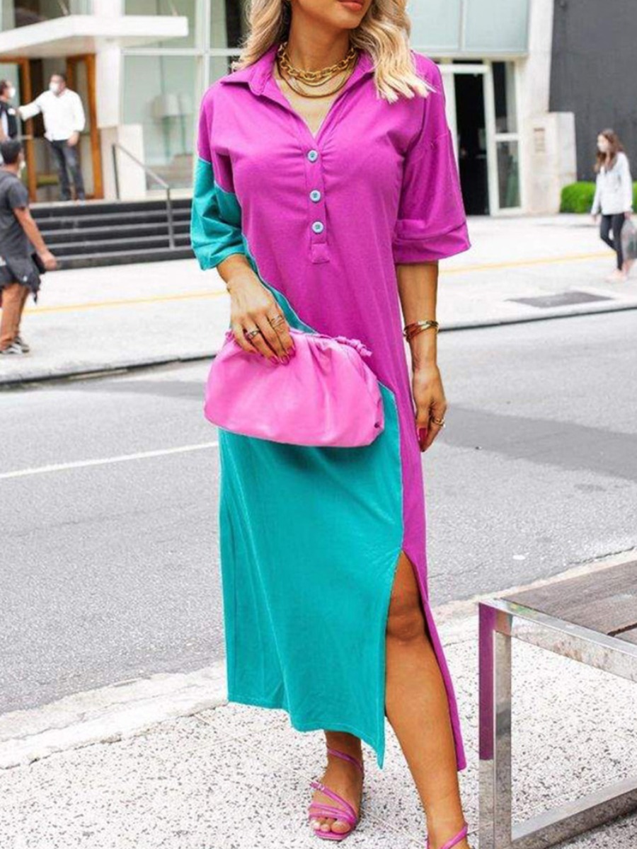 

Lovely Color-lump Slit Shirt Dress, Rose red