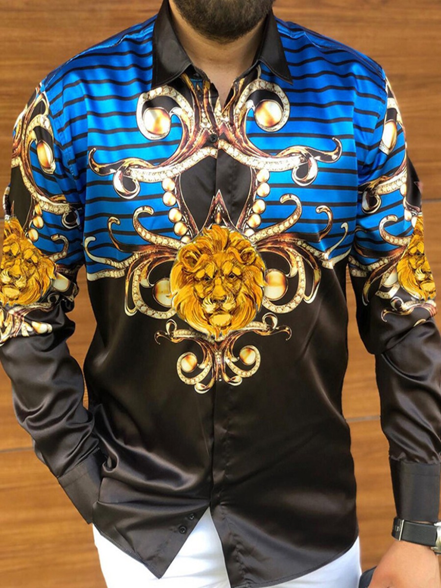 

LW Men Lion Print Striped Shirt, Black