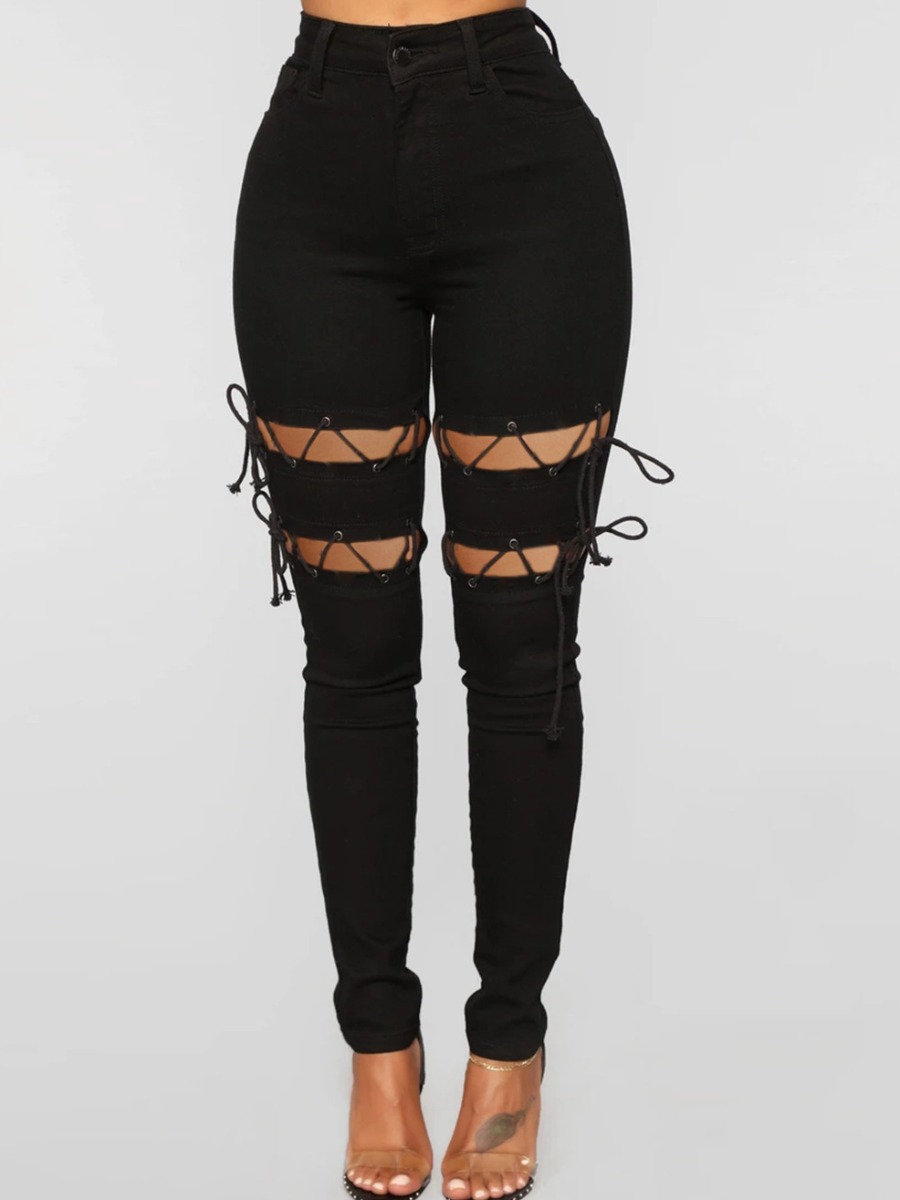 

LW Bandage Hollow-out Design Jeans, Black