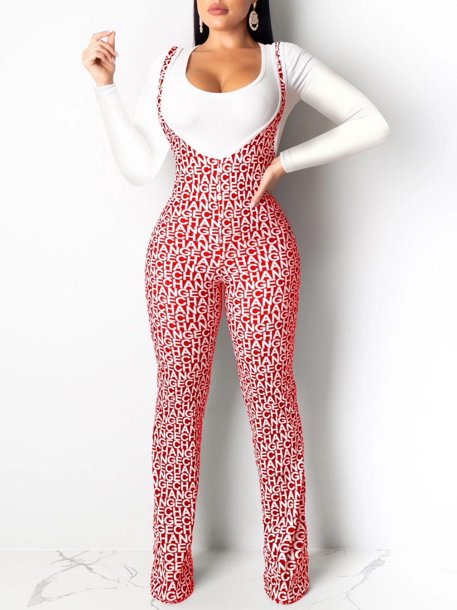 

LW Letter Print Overall Pants Set, Red