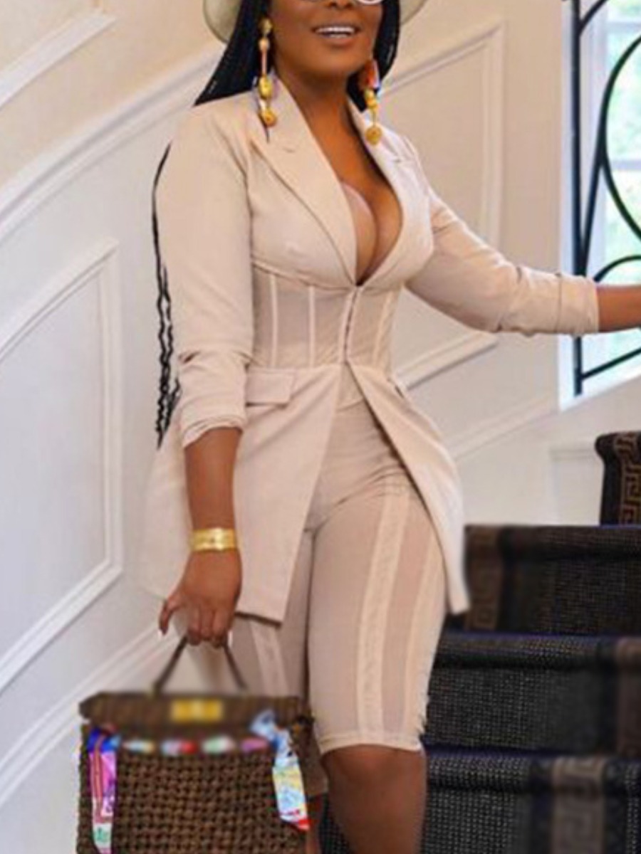 

LW Corset Belt Design Pocekt Blazer Short Set, Beige