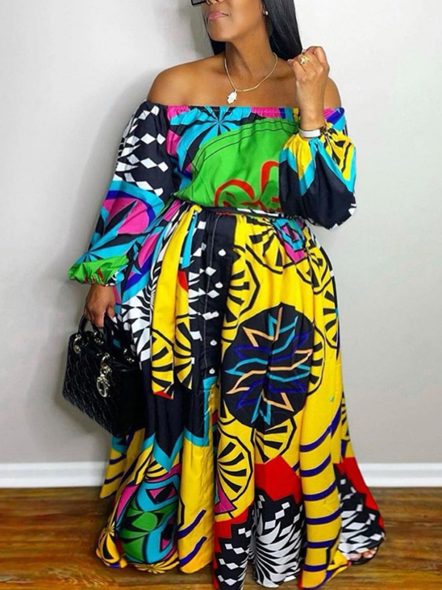 

LW Plus Size Off The Shoulder Mixed Print Dress, Yellow