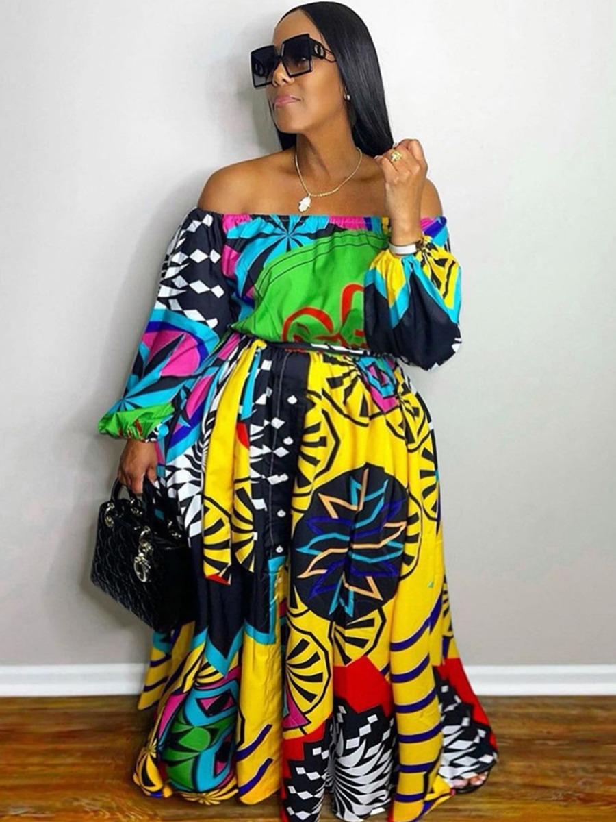 Lovely Plus Size Off The Shoulder Mixed Print Dress