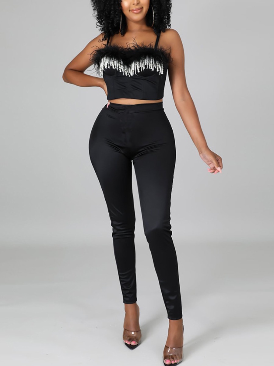 

LW SXY Feather Pearl Decoration Cami Pants Set, Black