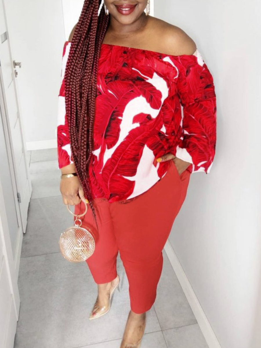 

LW Plus Size Off The Shoulder Floral Print Pants Set, Red