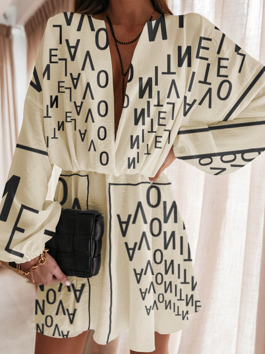 

LW V Neck Letter Print Dress, Apricot