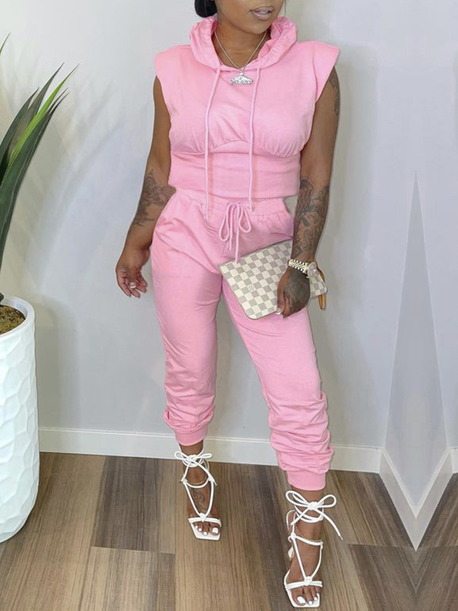 

LW Hooded Collar Drawstring Pants Set, Pink