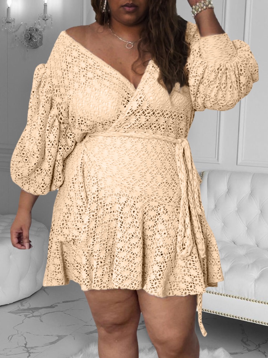 

LW Plus Size Hollow-out Ruffle Design A Line Dress, Apricot