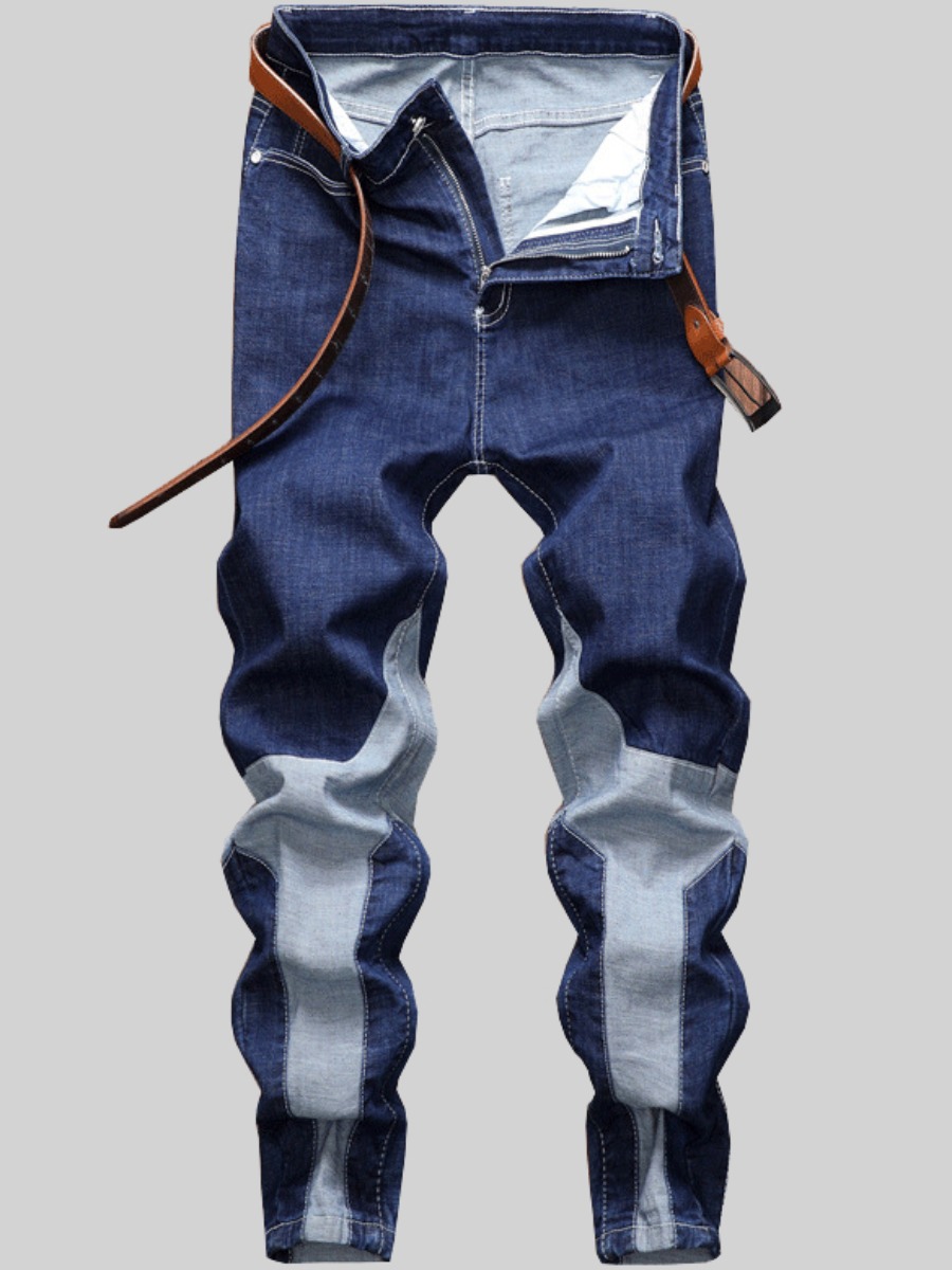 

LW Men Mid Waist High Stretchy Patchwork Jeans, Blue