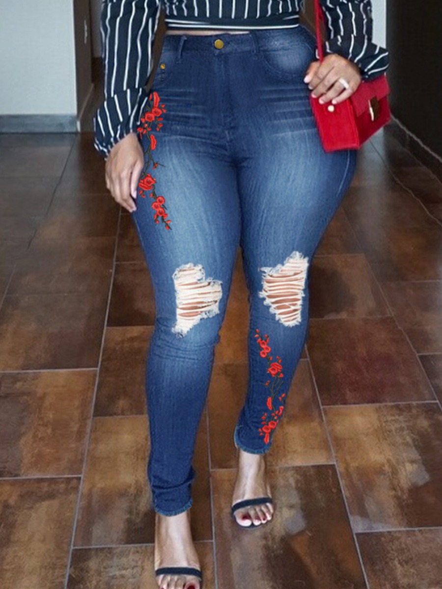

LW Floral Decoration Ripped Jeans, Blue