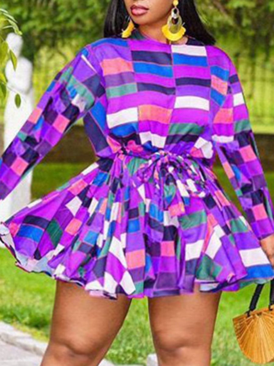 

LW Plus Size Plaid Print Bandage Design A Line Dress, Purple