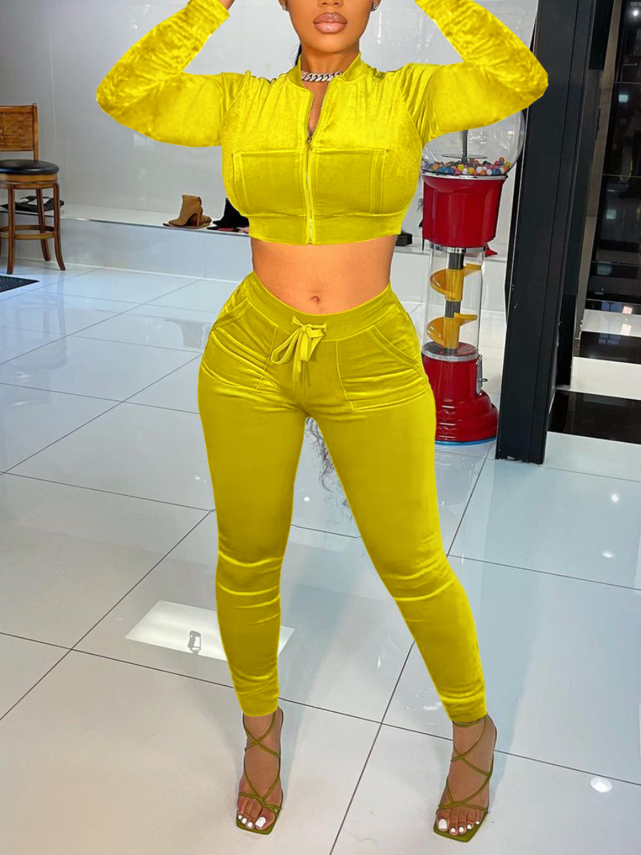 

LW Crop Top Drawstring Pants Set, Yellow
