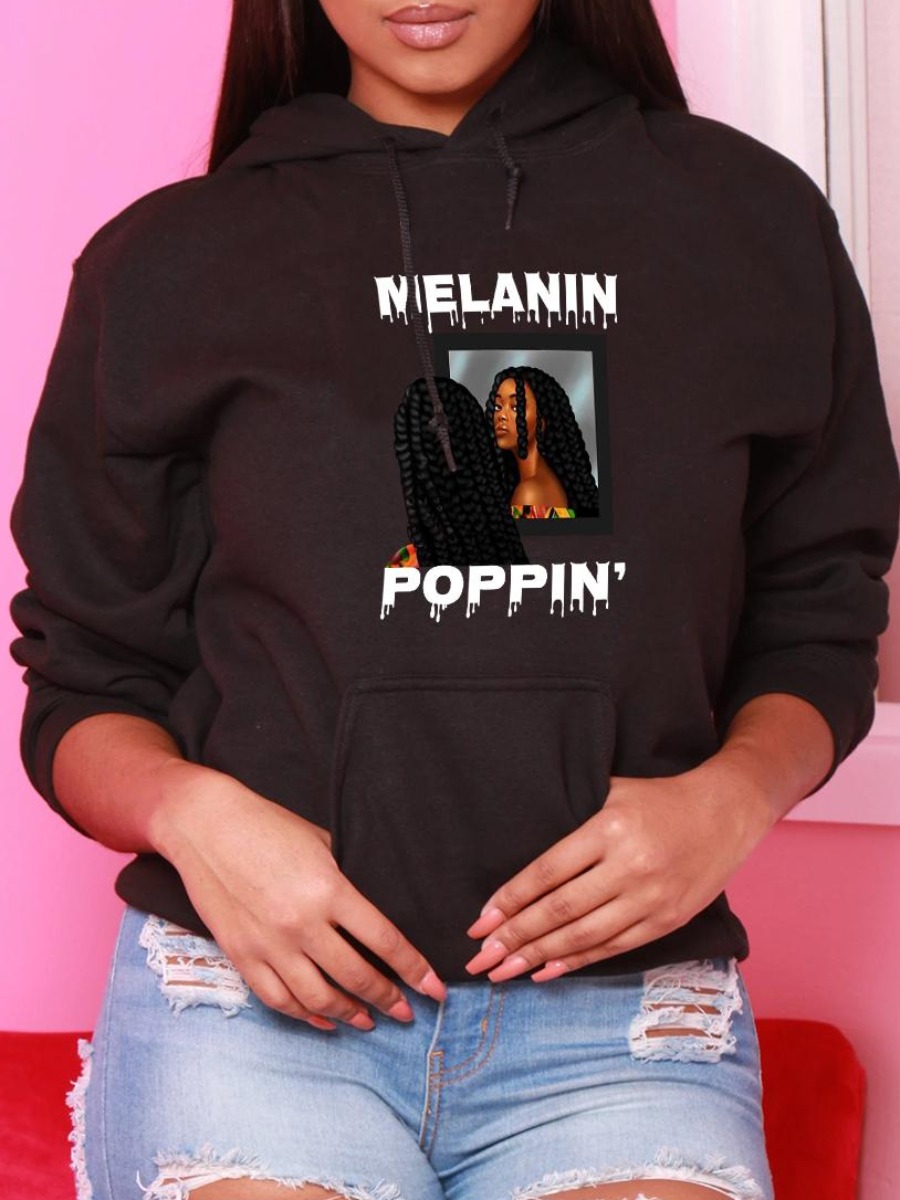 

LW Plus Size Figure Letter Print Hoodie, Black