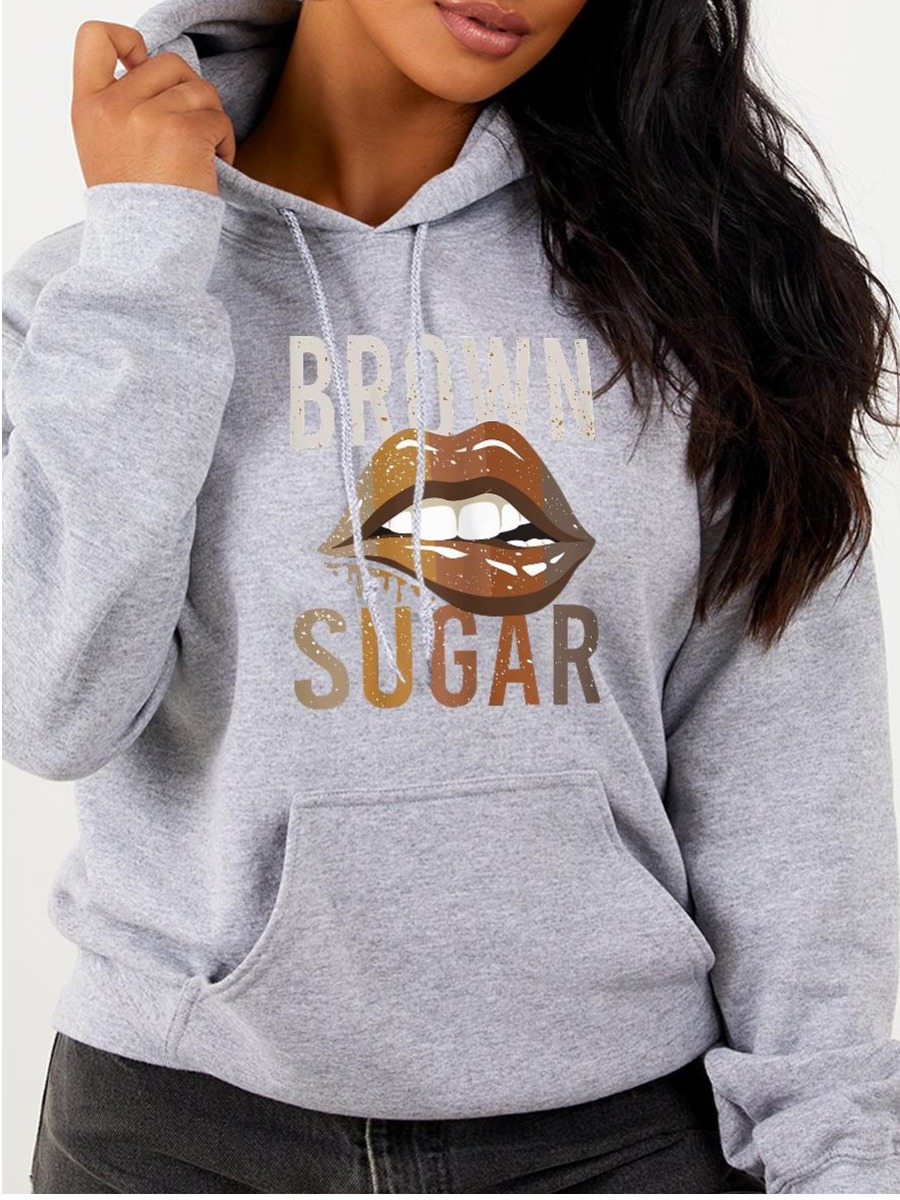 

LW Plus Size Lip Letter Print Hoodie, Grey