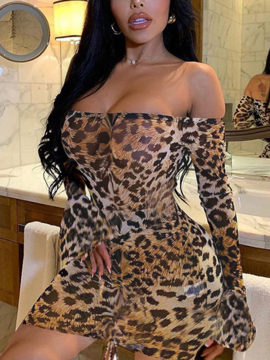 

LW Leopard Print Drawstring Bodycon Dress, Brown